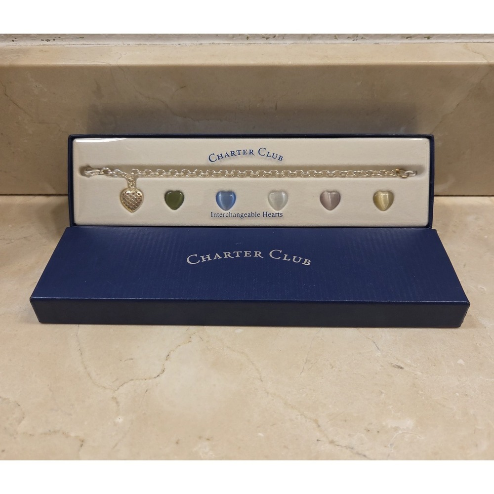 Charter Club Interchangeable Bracelet Silver Tone‎ With Six Heart Charms 7.5"